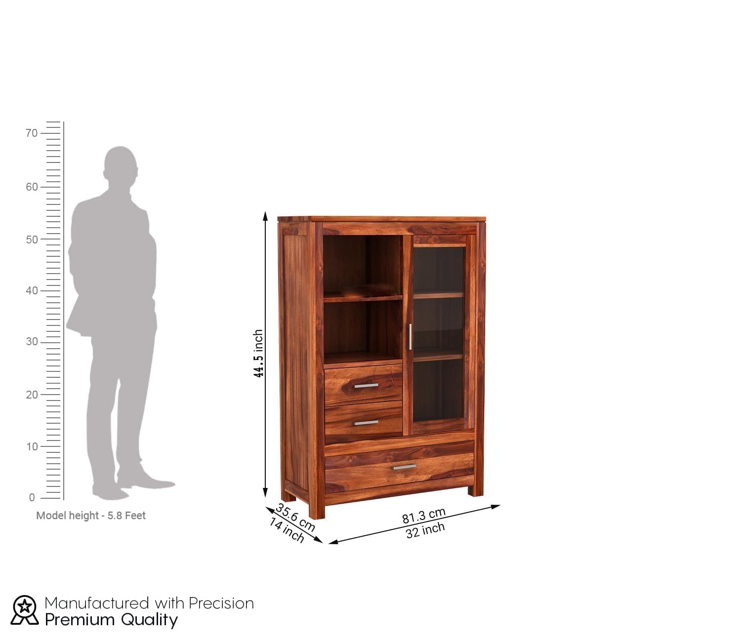 Sheesham Wood Bookshelf & Crockery Cabinet with Drawers - Honey Finish