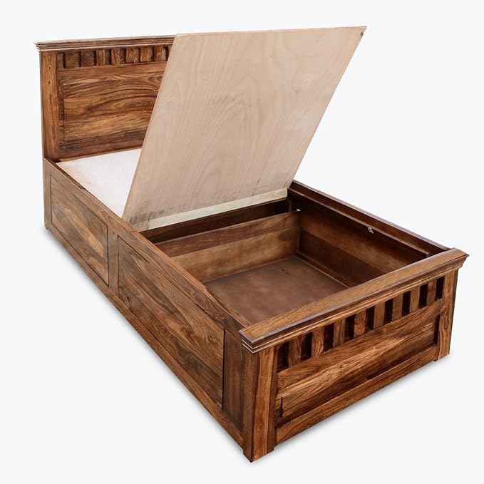 Solid Sheesham Single Bed with 2-Drawer Storage
