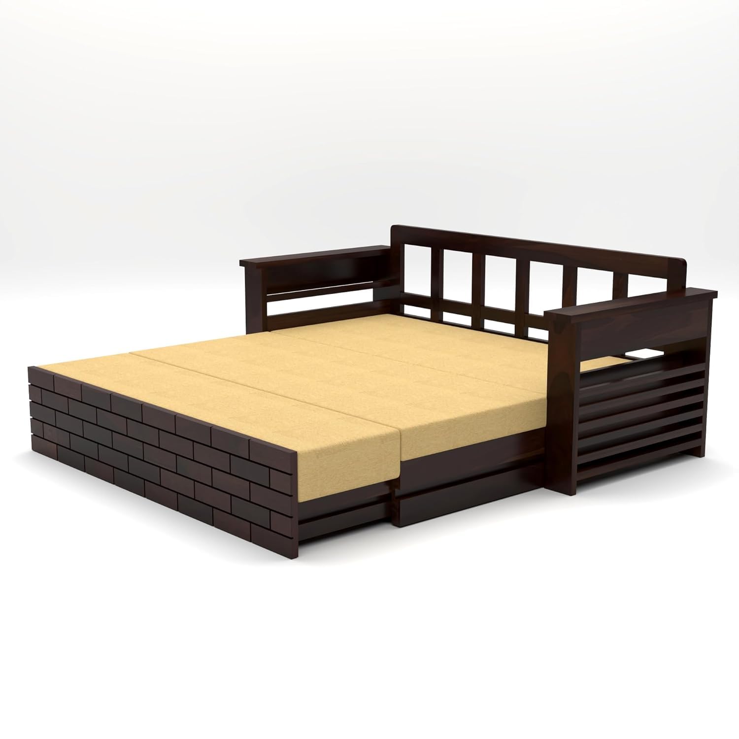3-Seater Sheesham Wood Sofa Cum Bed - Walnut Finish