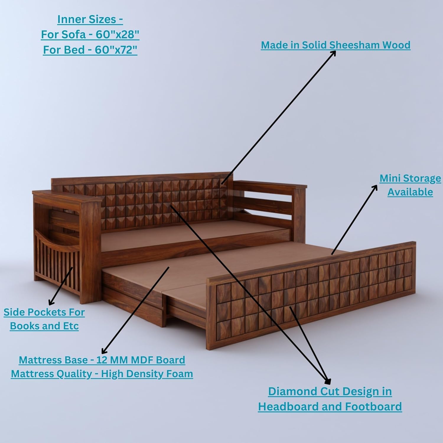 Diamond 3-Seater Sheesham Sofa Cum Bed for bedroom