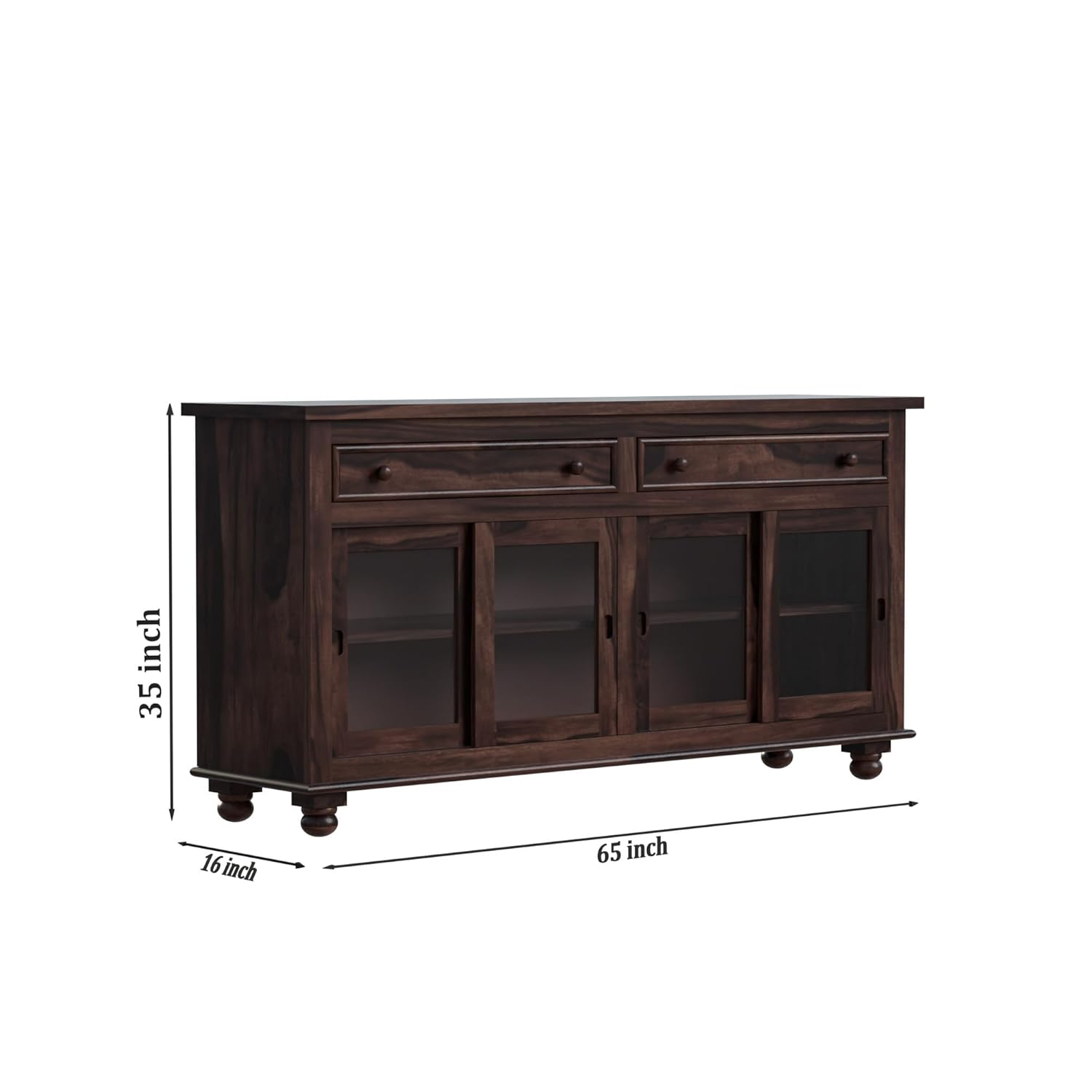 Solid Sheesham Wood Sideboard with Sliding Glass Doors - Walnut Finish