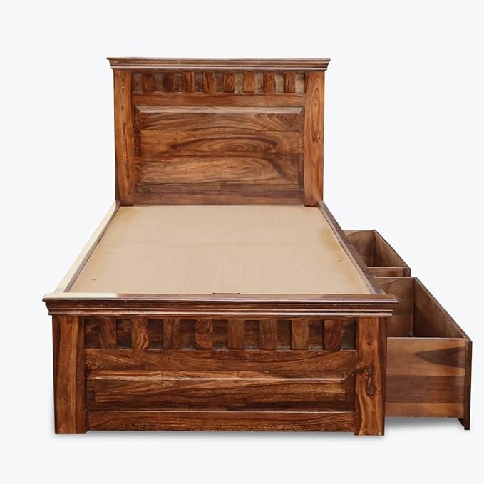 Solid Sheesham Single Bed with 2-Drawer Storage