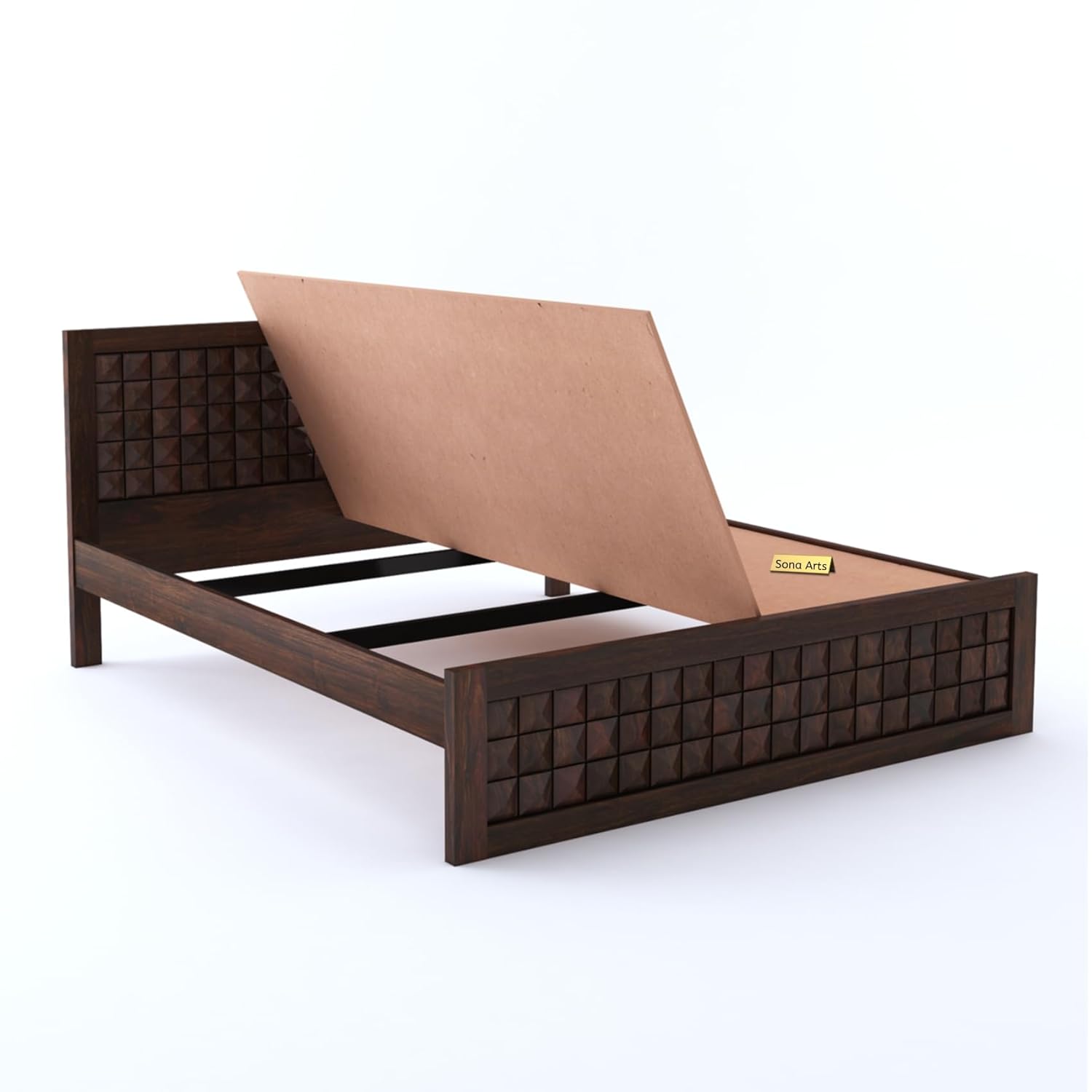 Solid Sheesham Wood Designer Queen Size Bed with Geometric Headboard