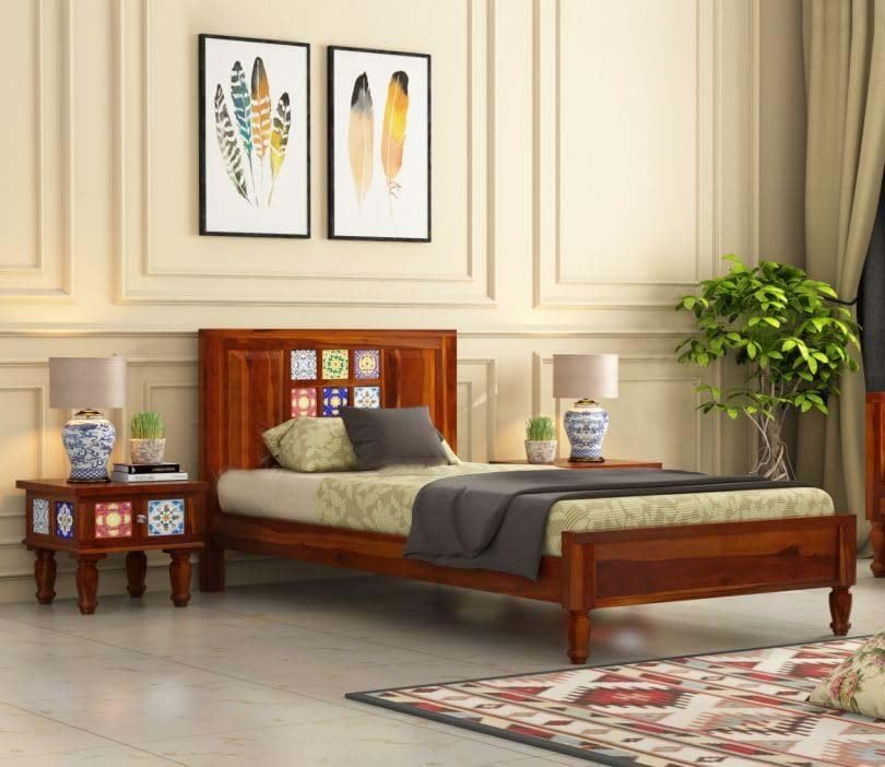 Traditional Tile Headboard Single Bed - Honey Finish
