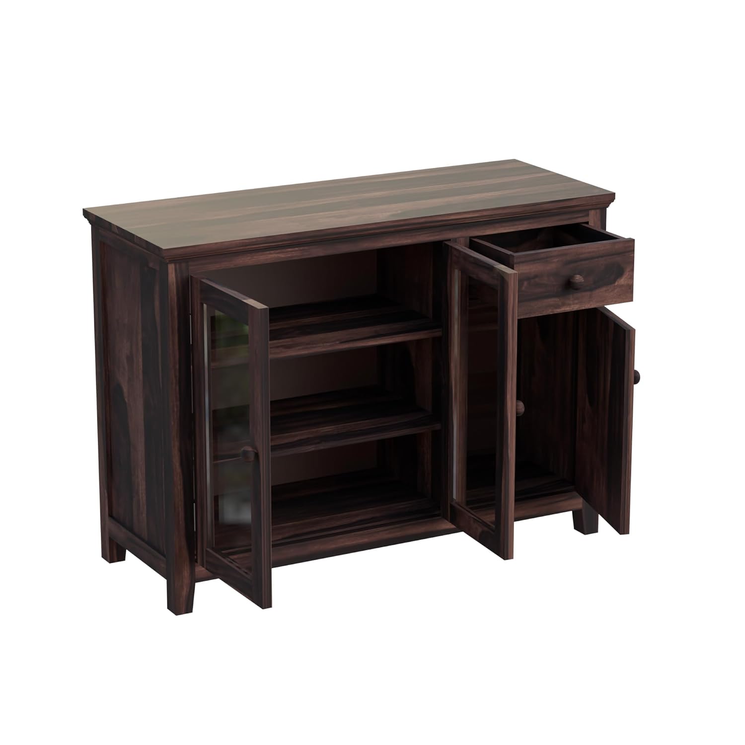 Sheesham Sideboard Cabinet with Glass Doors - Walnut Finish