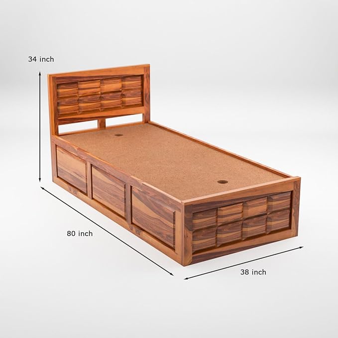 Ratan Pattern Sheesham Wood Single Bed - Honey Finish