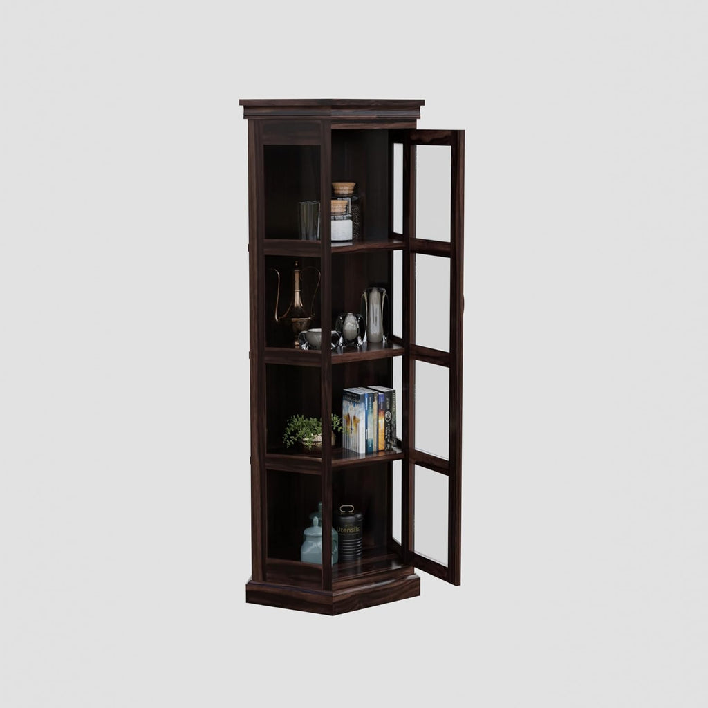 Sheesham Corner Bookshelf with Glass Door - Walnut Finish