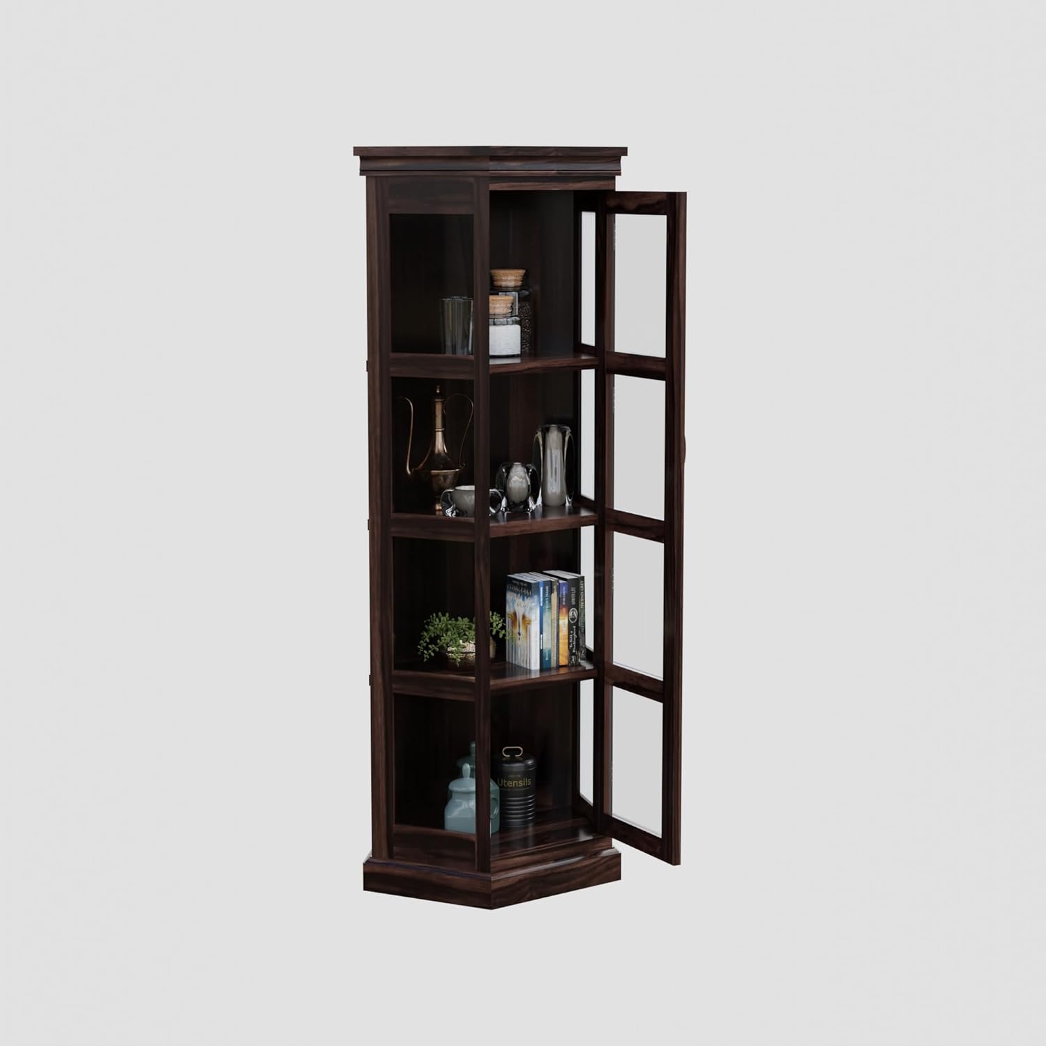 Sheesham Corner Bookshelf with Glass Door - Walnut Finish