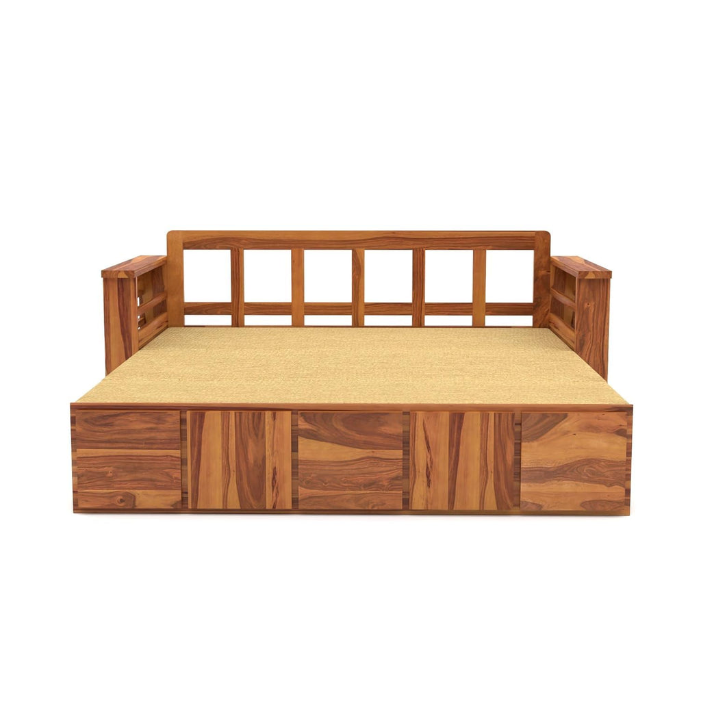 Queen Size Sheesham Sofa Cum Bed (3-Seater) - Natural Finish