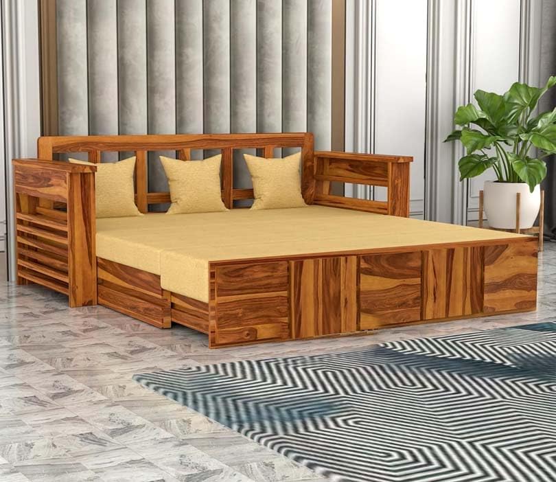 Queen Size Sheesham Sofa Cum Bed (3-Seater) - Natural Finish