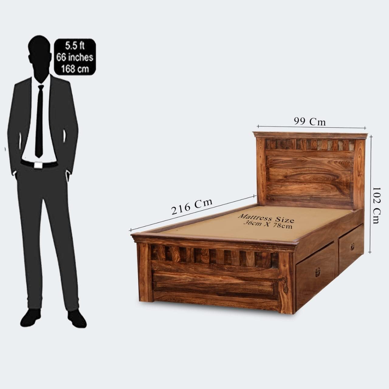 Solid Sheesham Single Bed with 2-Drawer Storage