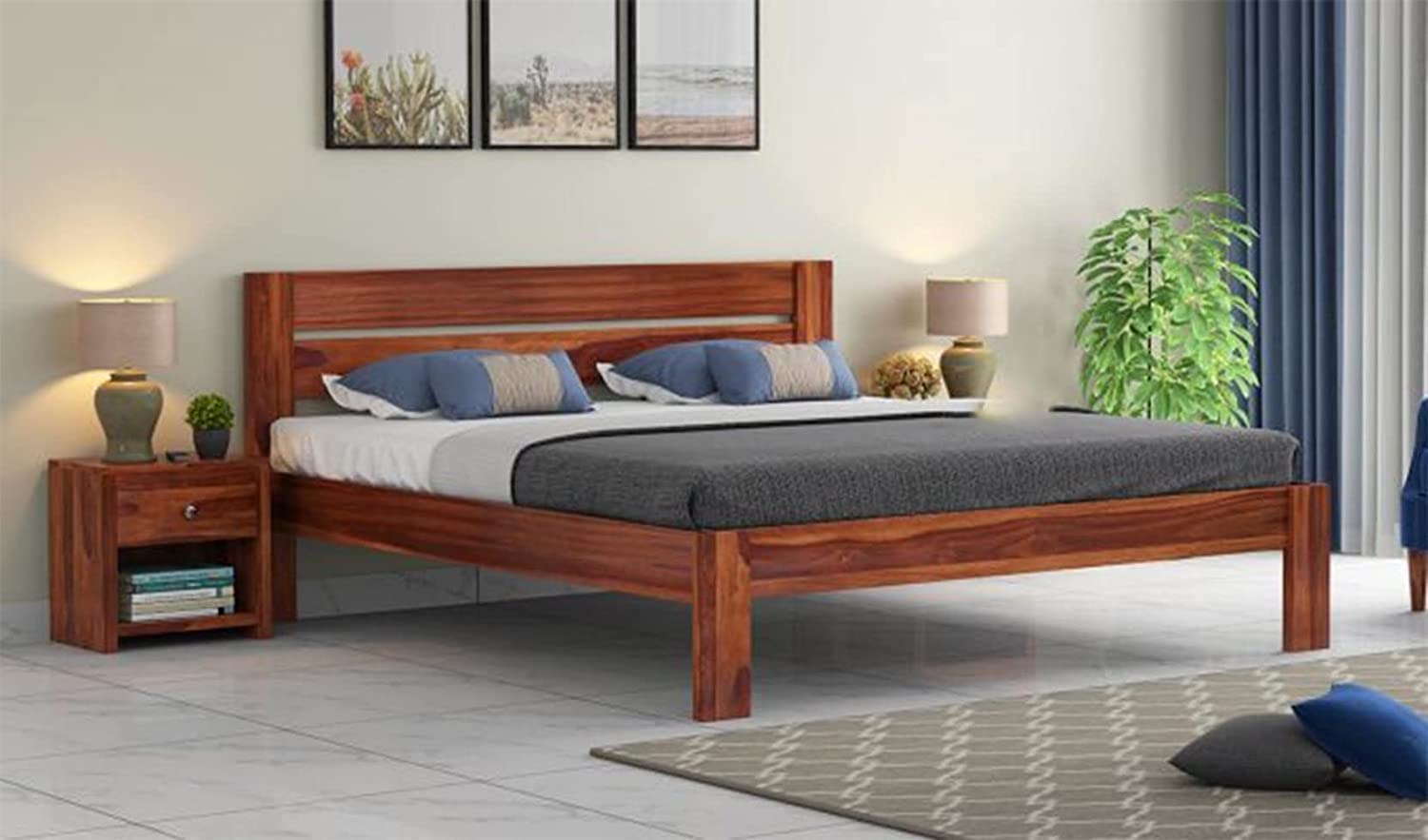 Solid Sheesham Wood King Size Bed For Bedroom - Honey Finish