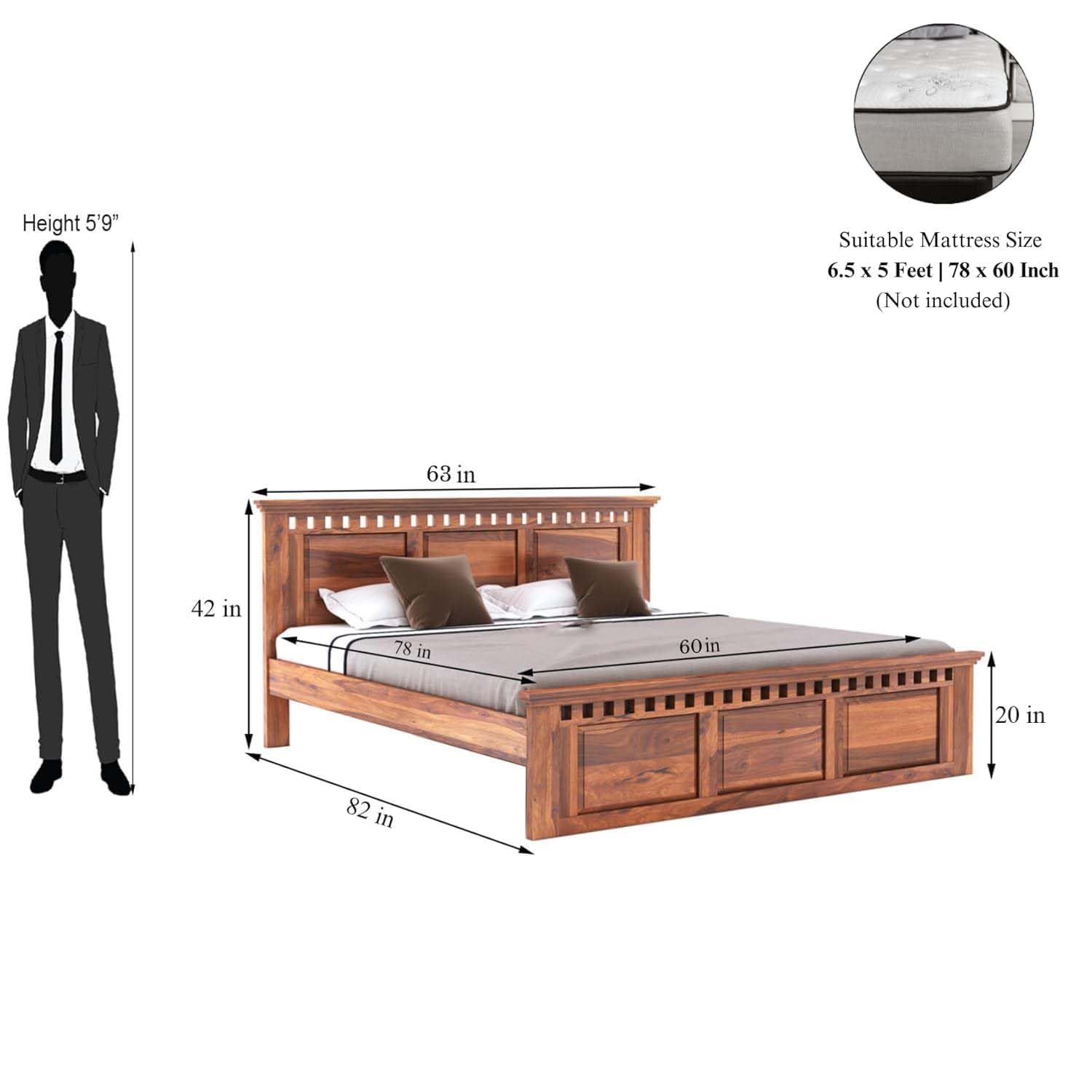 Solid Sheesham Wood Queen Size Bed | Honey Teak Finish