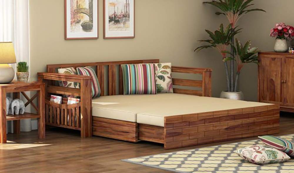 Solid Sheesham Sofa Cum Bed For Livingroom | Natural Finish