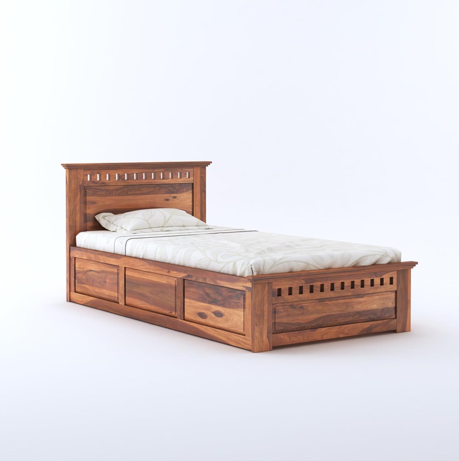 Solid Sheesham Single Bed with Box Storage - Teak Honey Finish