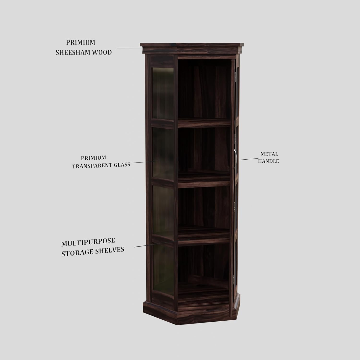 Sheesham Corner Bookshelf with Glass Door - Walnut Finish