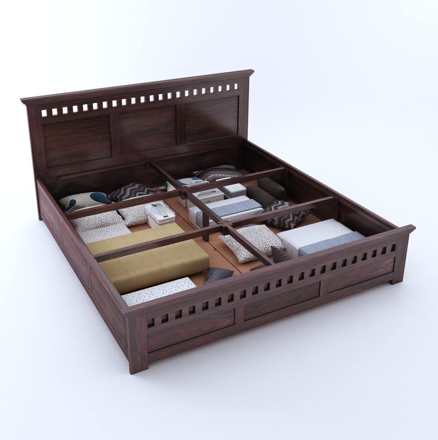 Solid Sheesham Wood King Size Bed with Box Storage | Walnut Finish