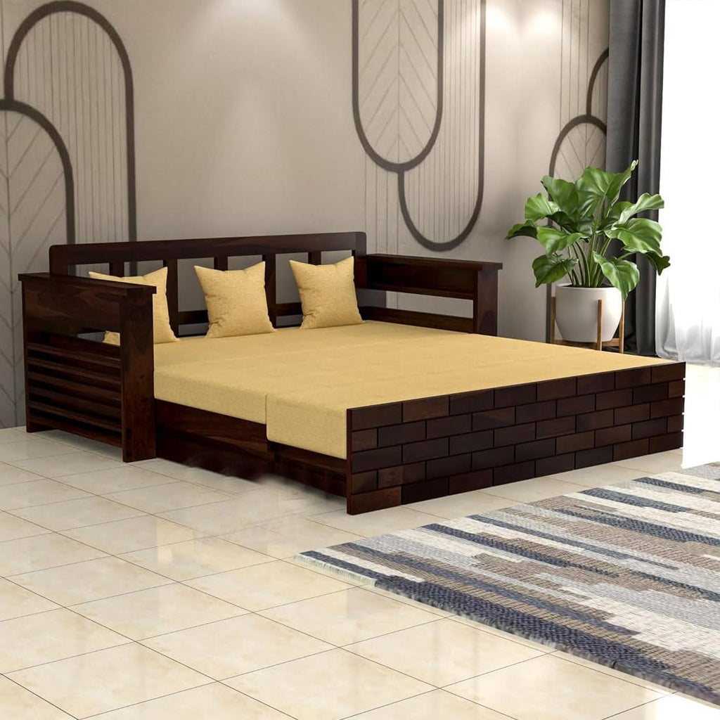 3-Seater Sheesham Wood Sofa Cum Bed - Walnut Finish
