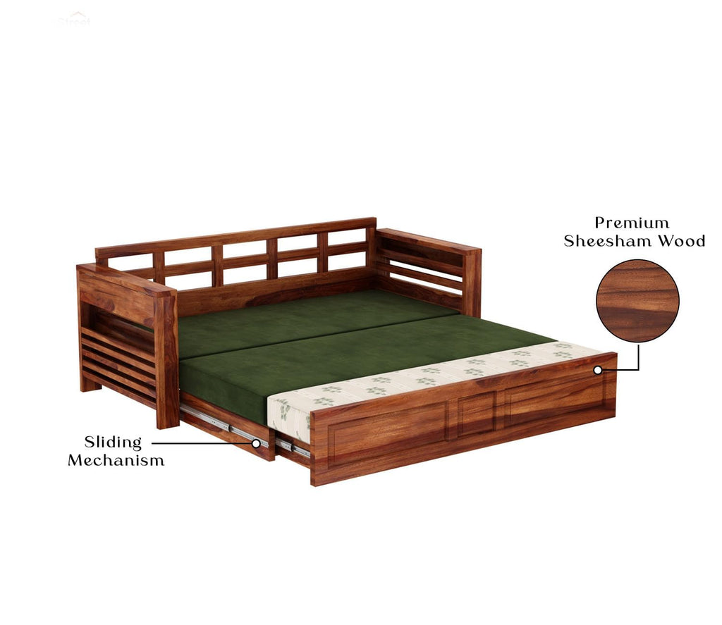 3-Seater Sheesham Wood Sofa Cum Bed - Natural Finish