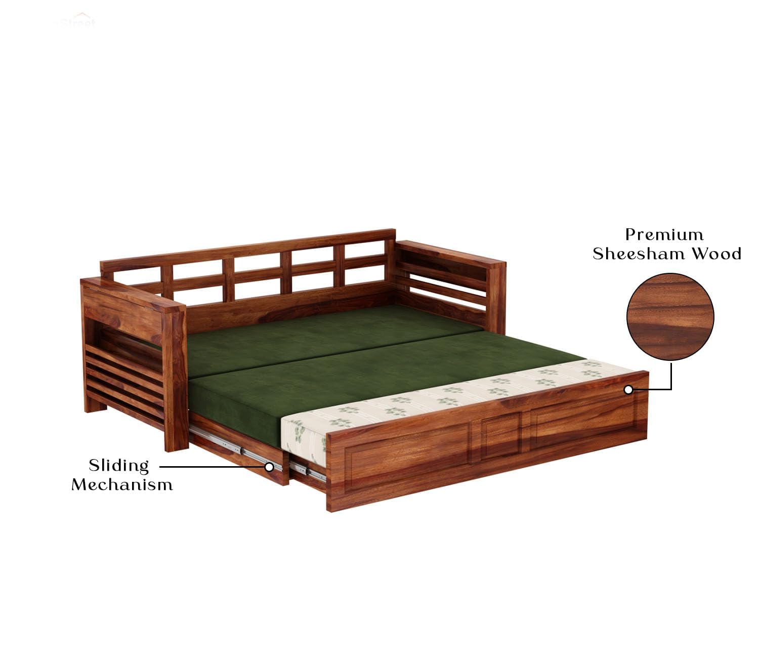 3-Seater Sheesham Wood Sofa Cum Bed - Natural Finish