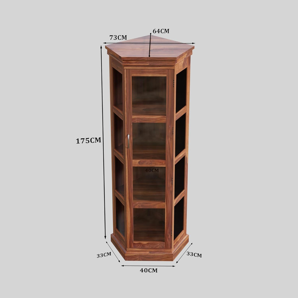 Solid Sheesham Corner Bookshelf with Glass Door