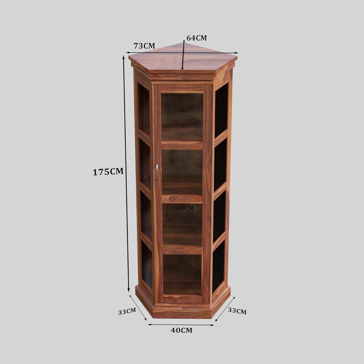 Solid Sheesham Corner Bookshelf with Glass Door