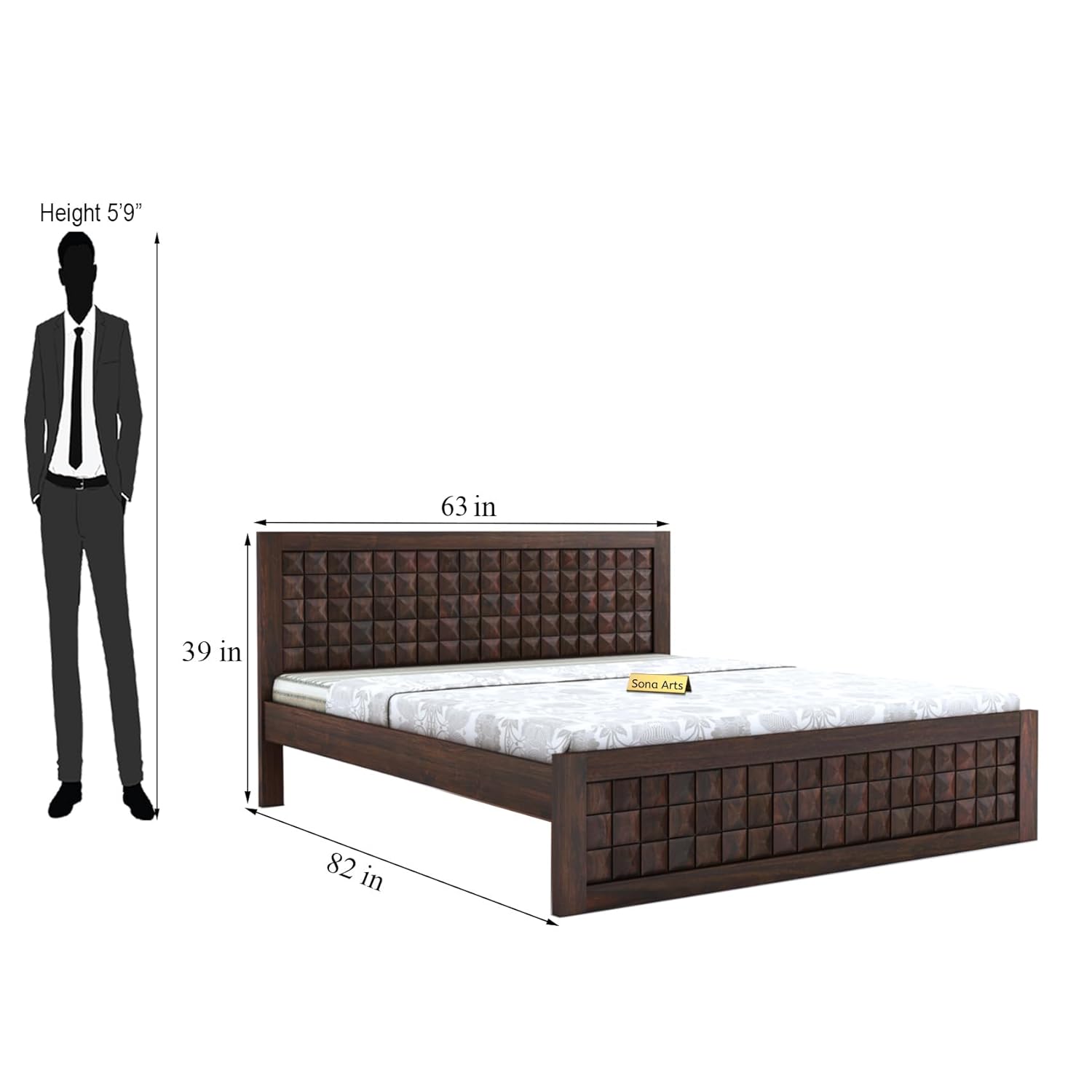 Solid Sheesham Wood Designer Queen Size Bed with Geometric Headboard