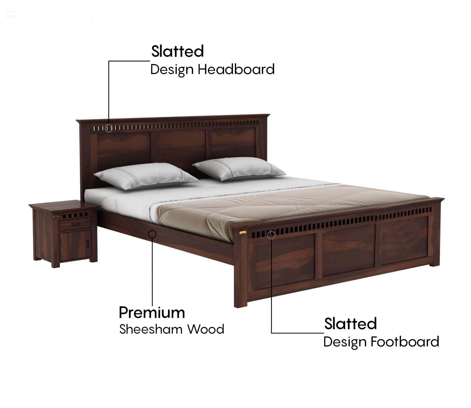 Panelled Headboard King Size Bed with Storage - Walnut Finish