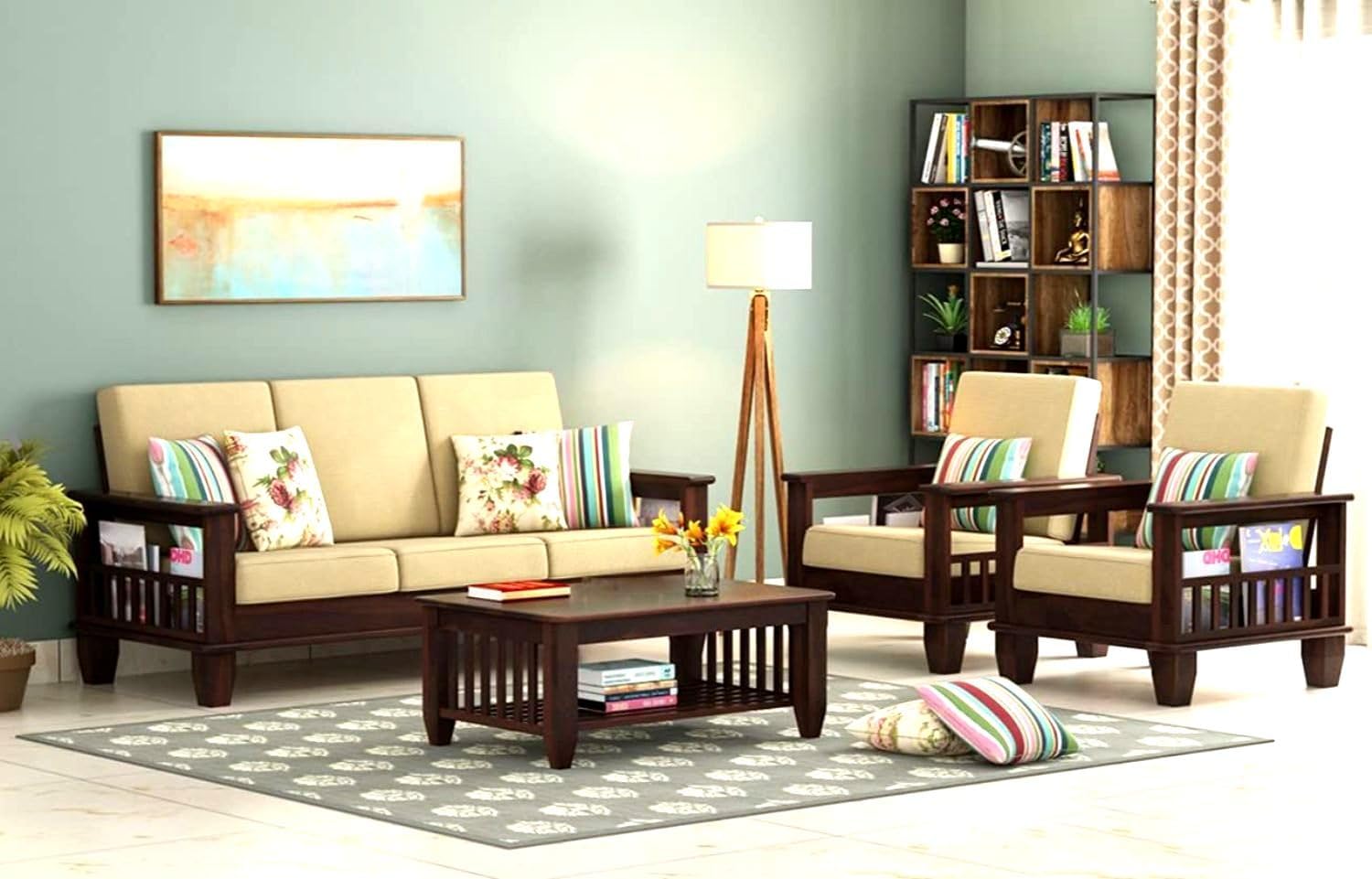 Solid Sheesham Wood 5-Seater Sofa Set (3+1+1)