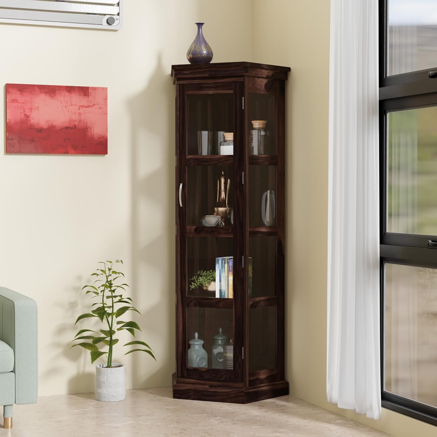Sheesham Corner Bookshelf with Glass Door - Walnut Finish