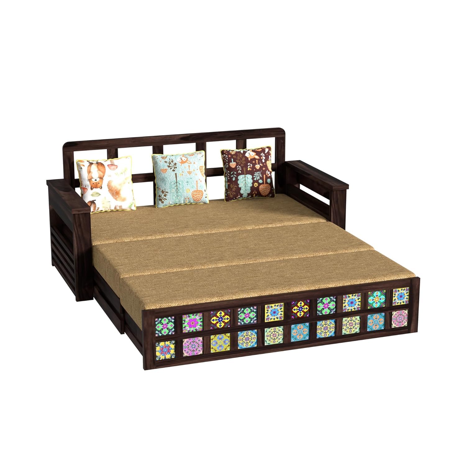 Solid Sheesham Wood 3-Seater Sofa Cum Bed with Storage