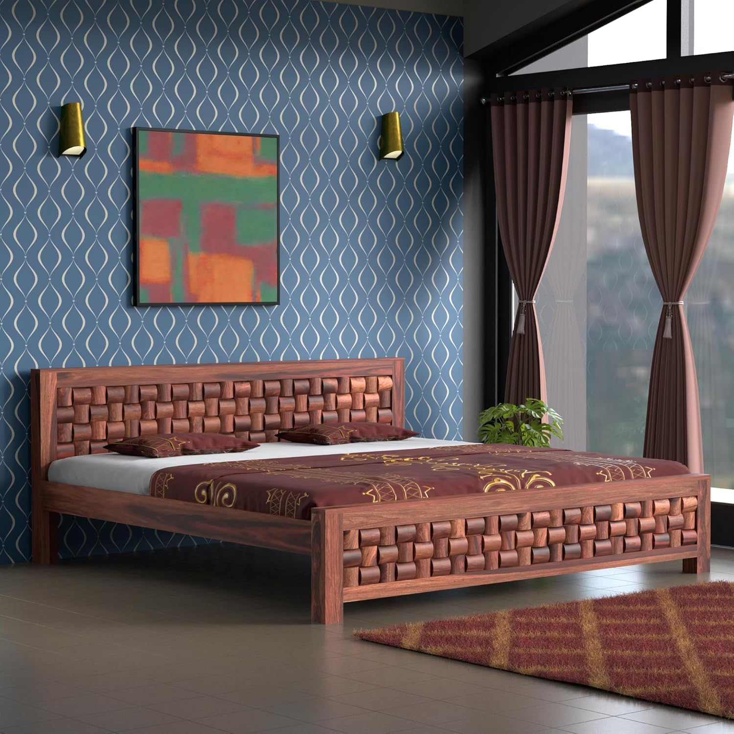 Modern Wooden King Size Bed in Solid Sheesham Wood