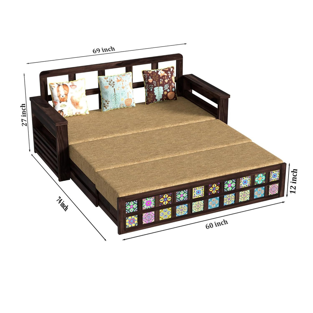 Solid Sheesham Wood 3-Seater Sofa Cum Bed with Storage