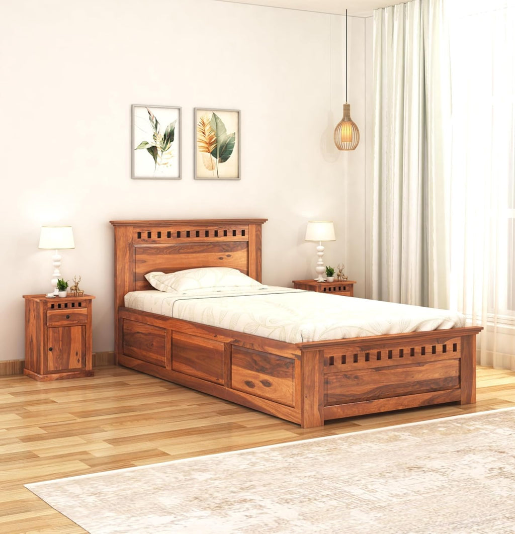 Solid Sheesham Single Bed with Box Storage - Teak Honey Finish