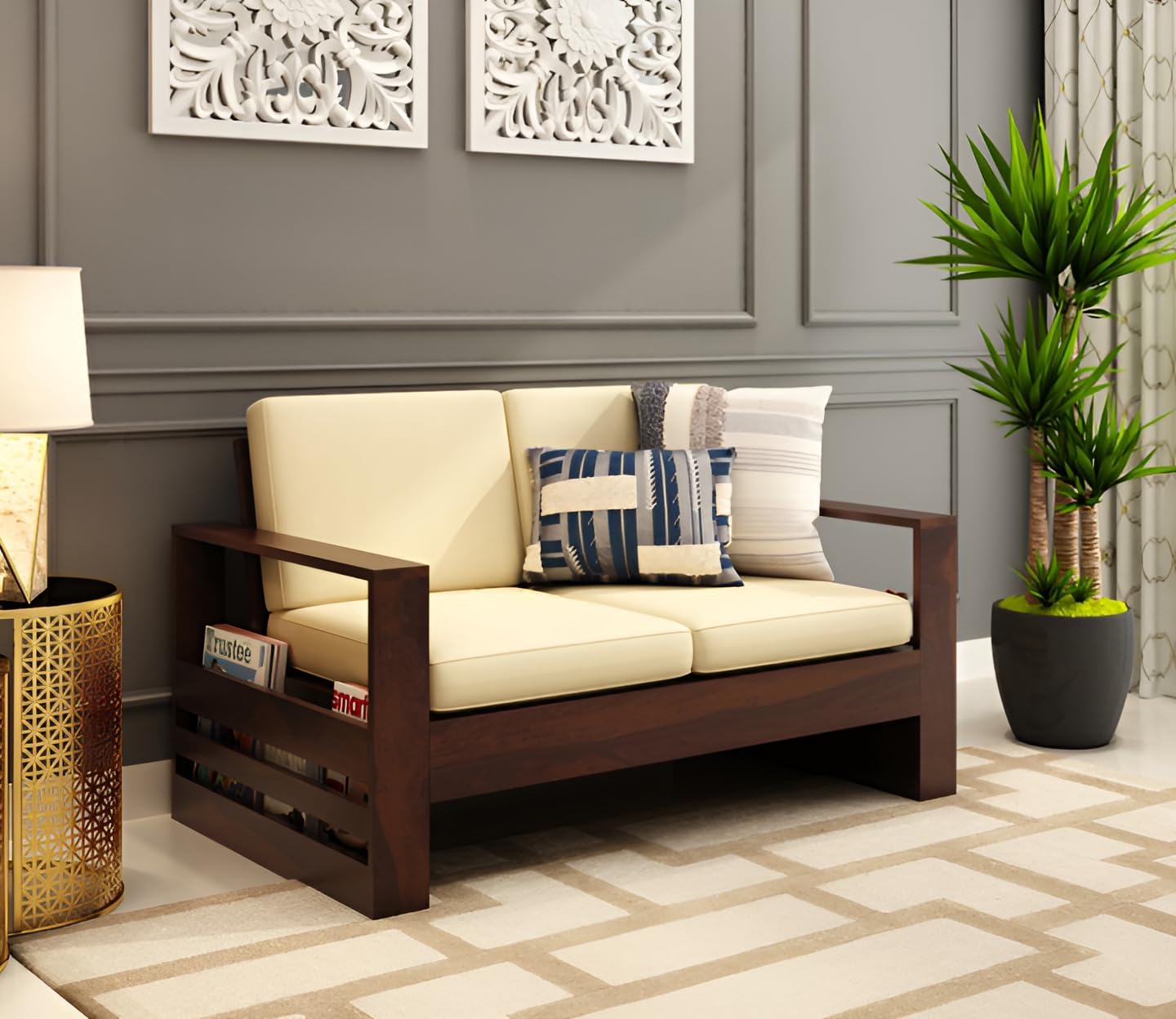 Luxurious 2-Seater Sheesham Wood Sofa for Livingroom