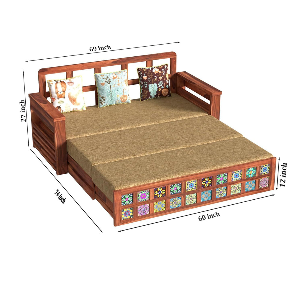 Solid Sheesham Sofa Cum Bed | Natural Finish