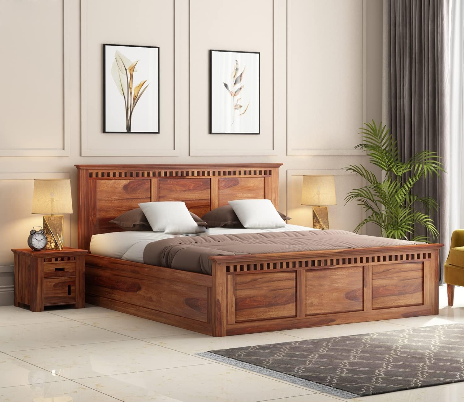 King Size Sheesham Bed with Box Storage - Natural Finish