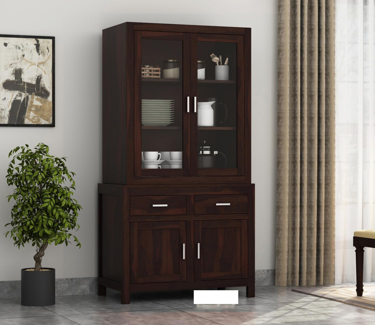 Sheesham Sideboard with Glass Doors & Drawers - Walnut Finish