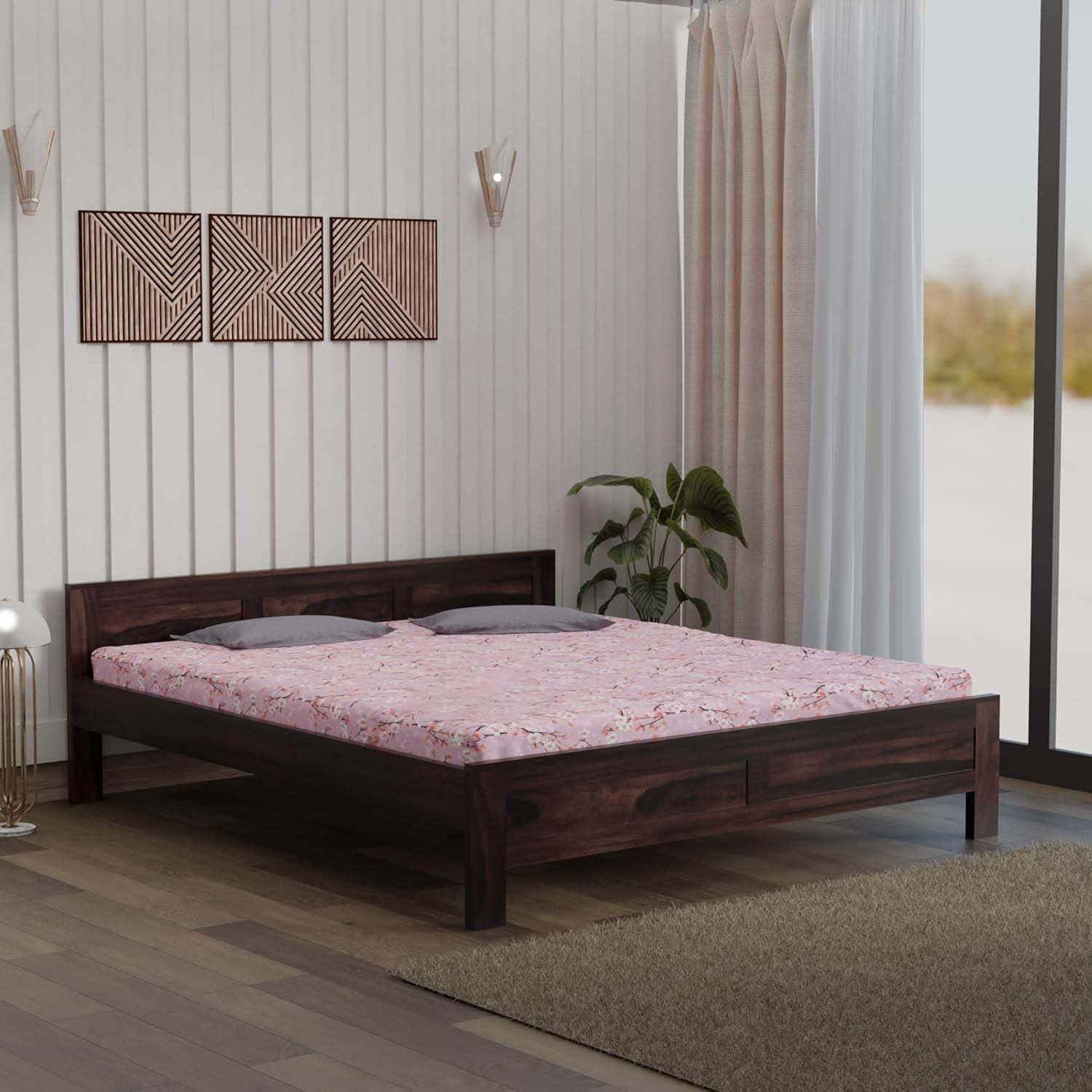 Solid Sheesham Wood King Size Bed - Walnut Finish
