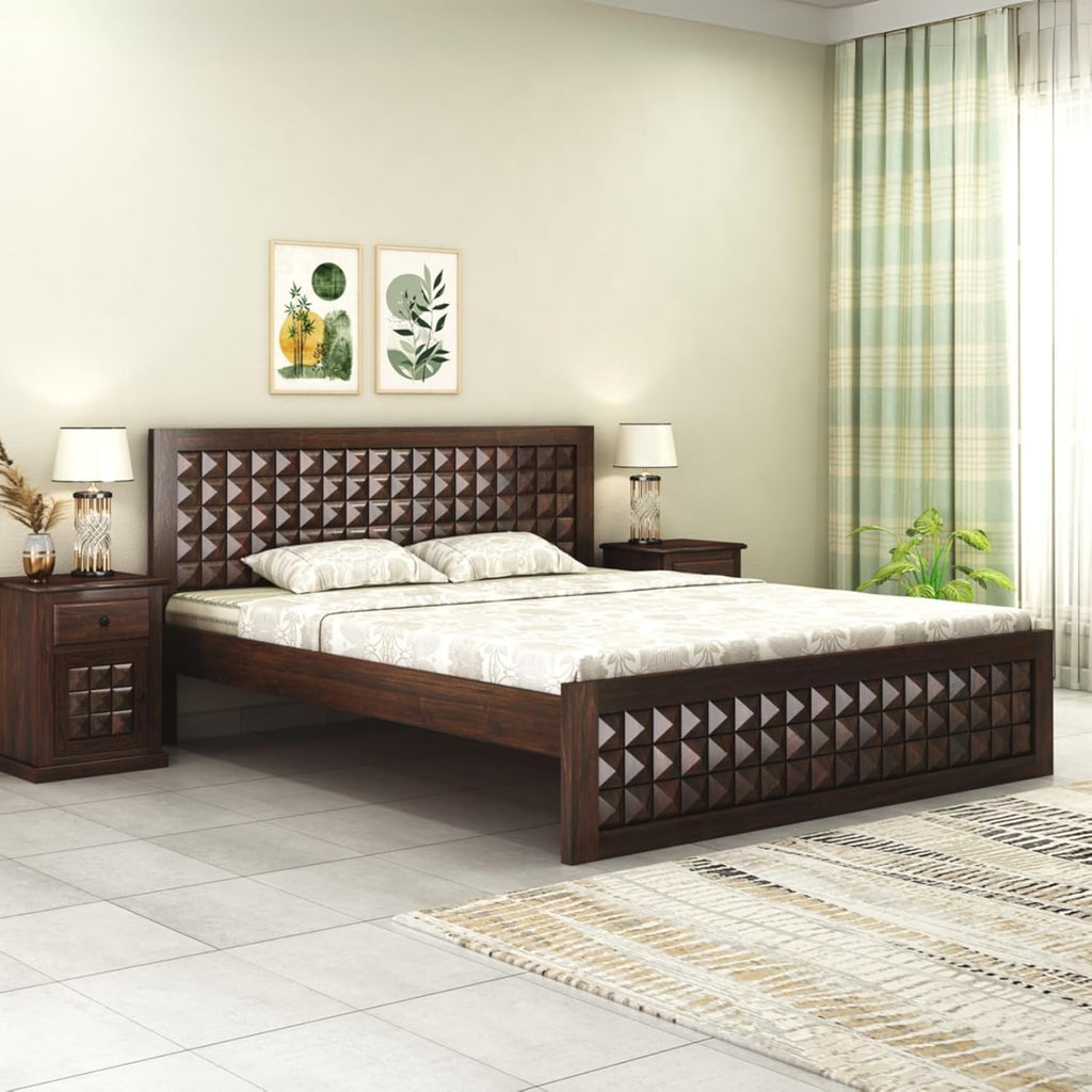 Solid Sheesham Wood Designer Queen Size Bed with Geometric Headboard