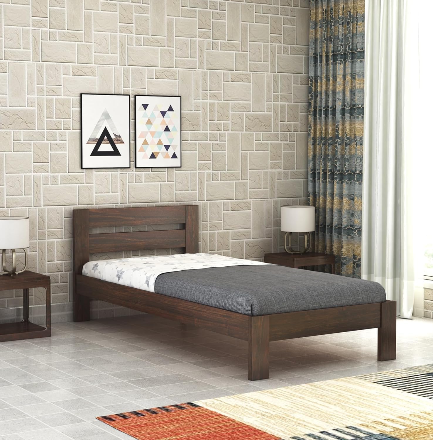Solid Sheesham Wood Single Bed For Bedroom | Walnut Finish