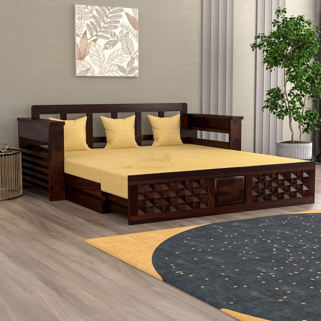 Solid Sheesham Wood 3 Seater Sofa Cum Bed for Living Room