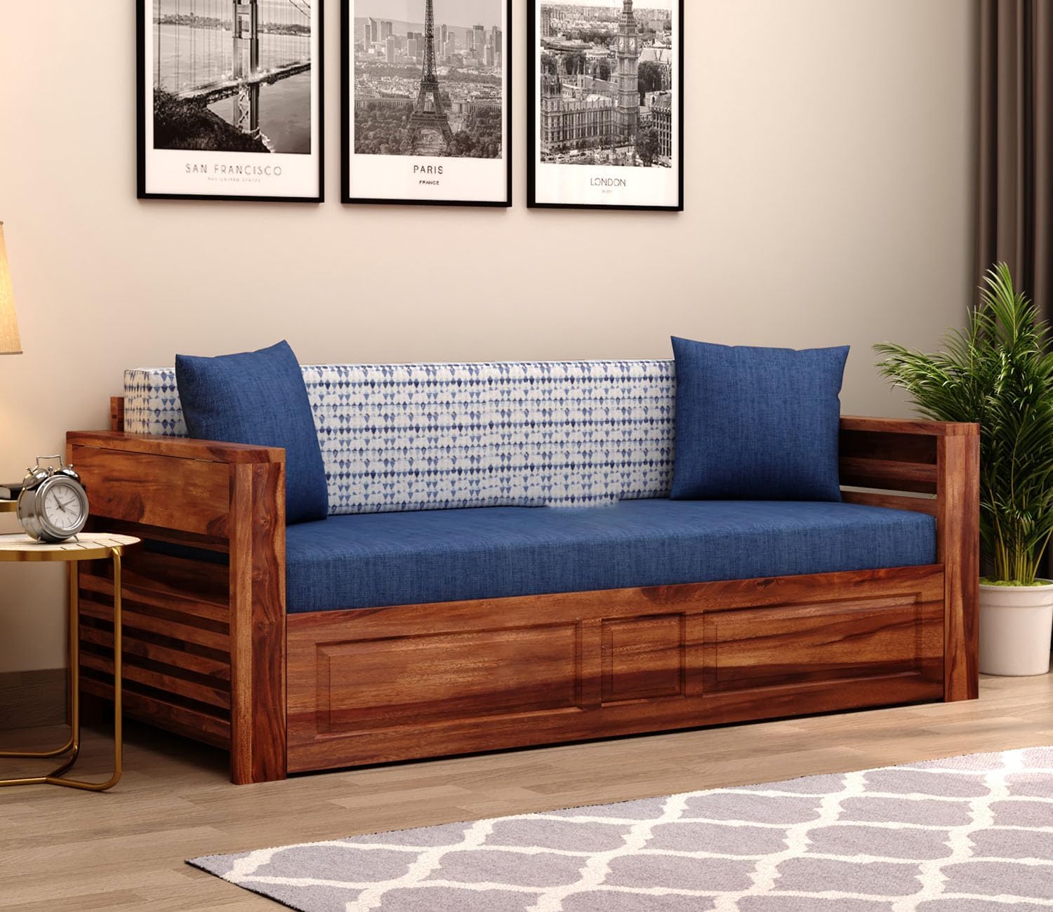 Solid Sheesham Wood 3-Seater Sofa Cum Bed