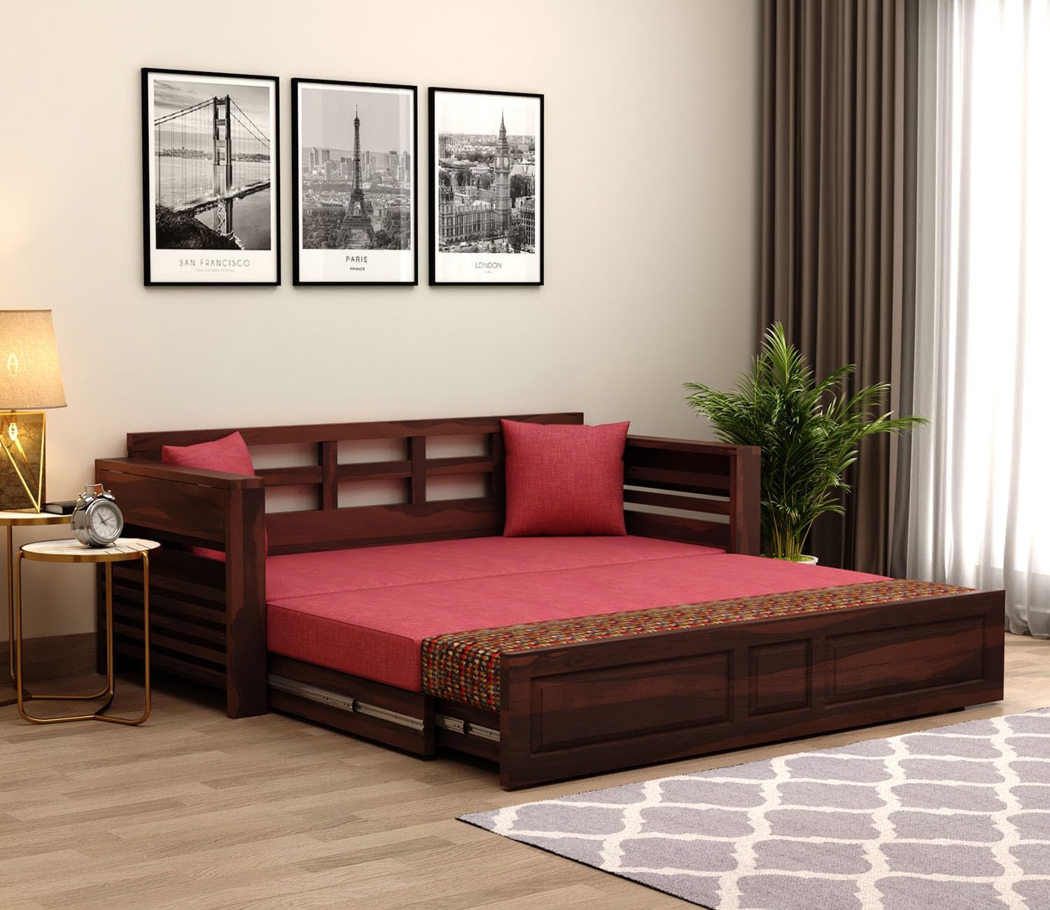 Foster 3-Seater Sheesham Sofa Cum Bed - Walnut Finish