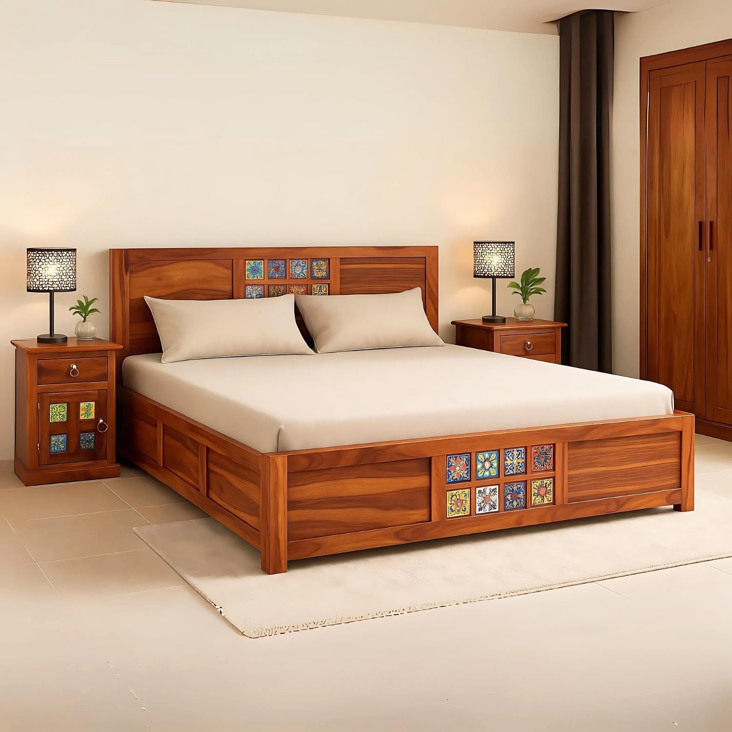 Rajasthani Jodhpuri Sheesham Wood Tile King Size Bed