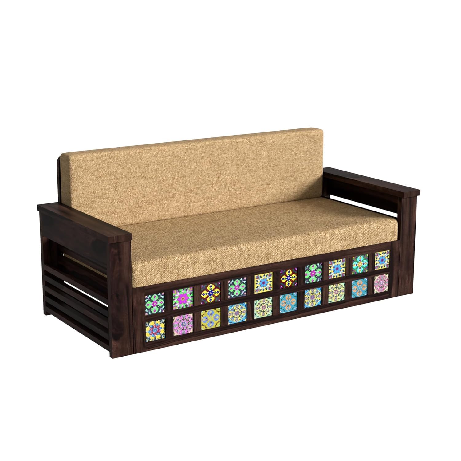 Solid Sheesham Wood 3-Seater Sofa Cum Bed with Storage