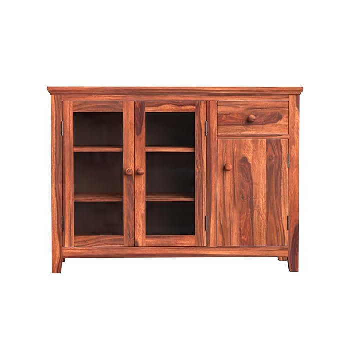 Sheesham Sideboard Cabinet with Glass Doors - Walnut Finish