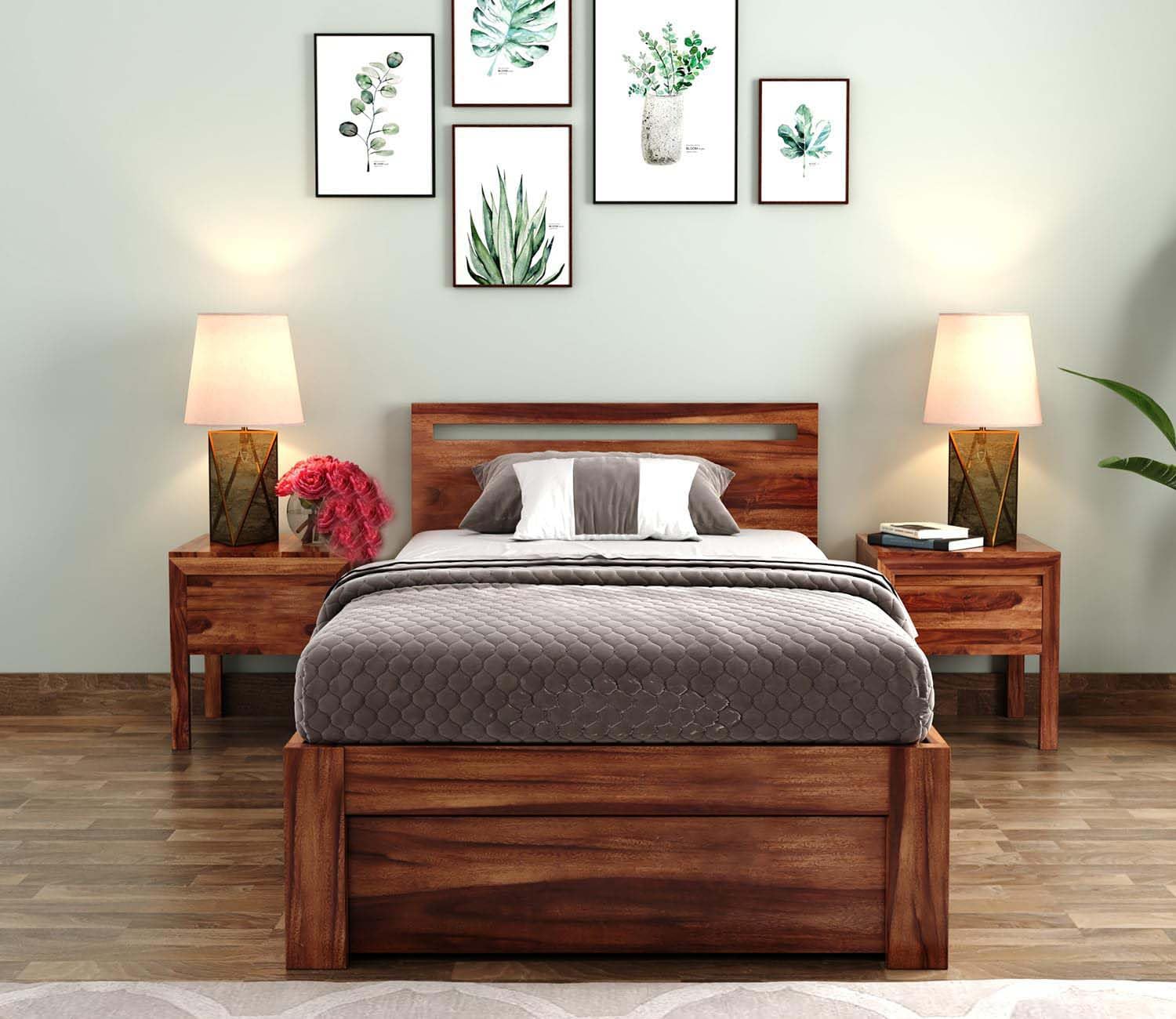 Single Sheesham Bed with Drawer Storage - Natural Finish