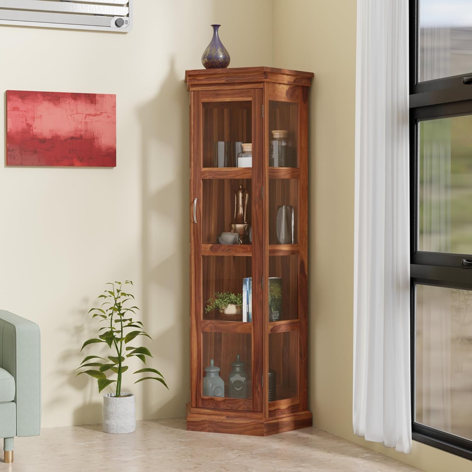 Solid Sheesham Corner Bookshelf with Glass Door