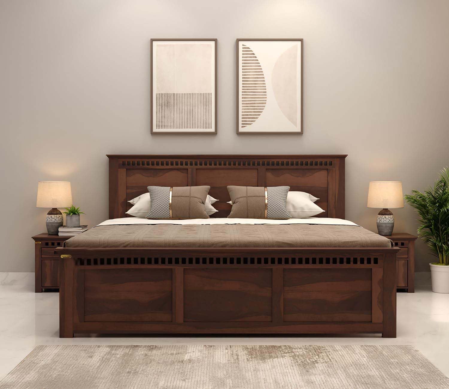 Panelled Headboard King Size Bed with Storage - Walnut Finish